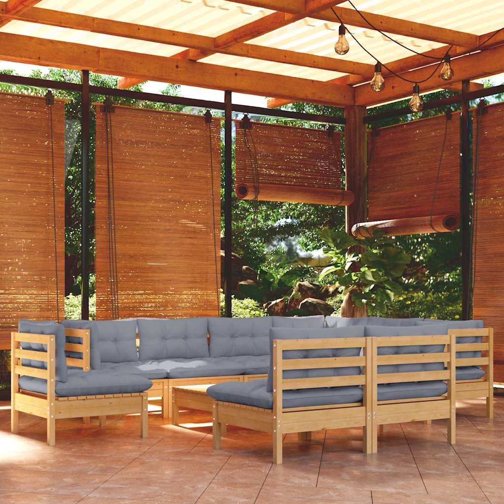vidaXL 10-osainen Puutarhasohvasarja harmaat tyynyt täysi mänty