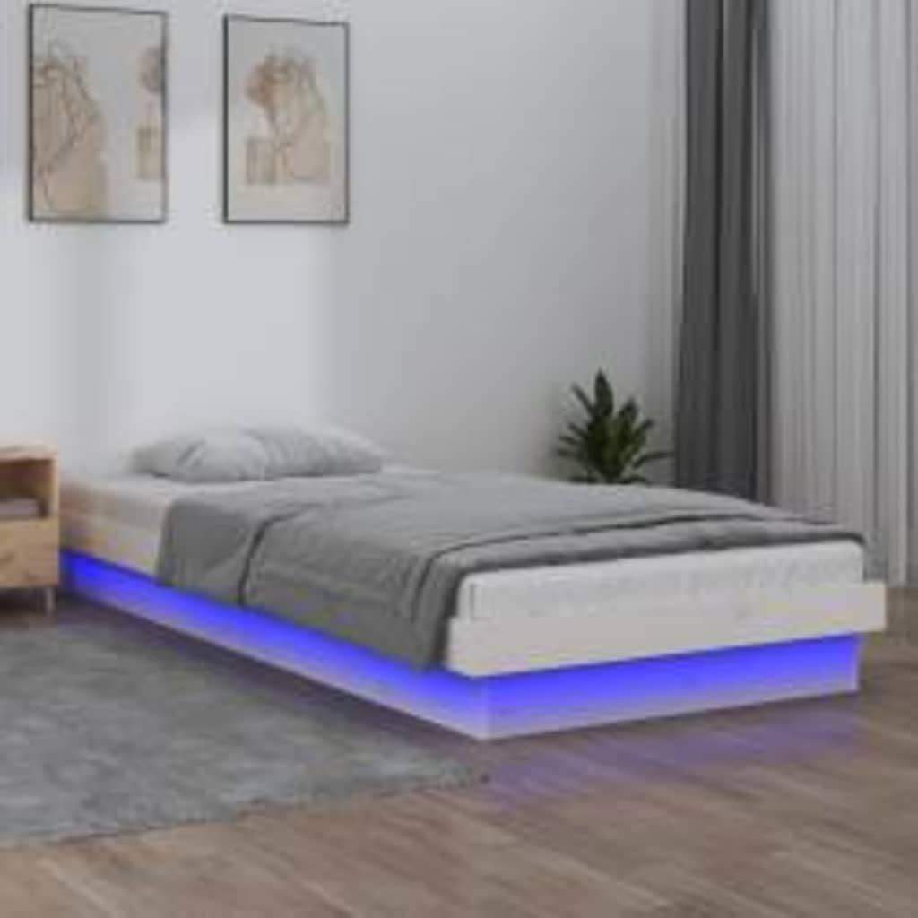 vidaXL Sängynrunko LED-valoilla valkoinen 90x200 cm täysi puu
