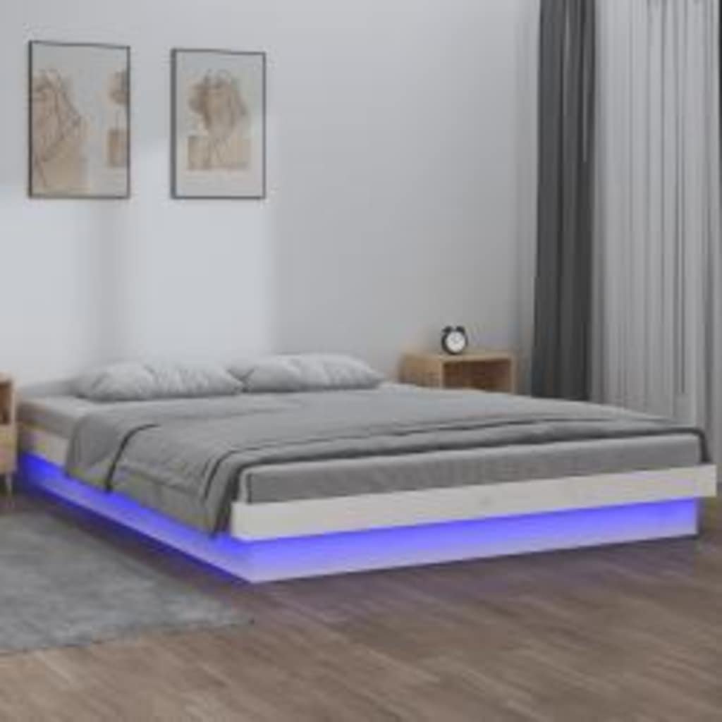 vidaXL Sängynrunko LED-valoilla valkoinen 140x200 cm täysi puu