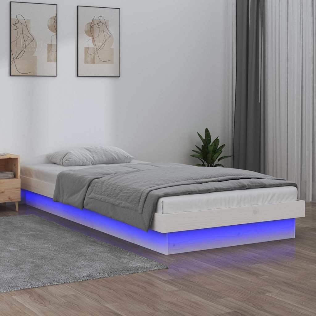 vidaXL Sängynrunko LED-valot valkoinen 90x190 cm Single täysi puu