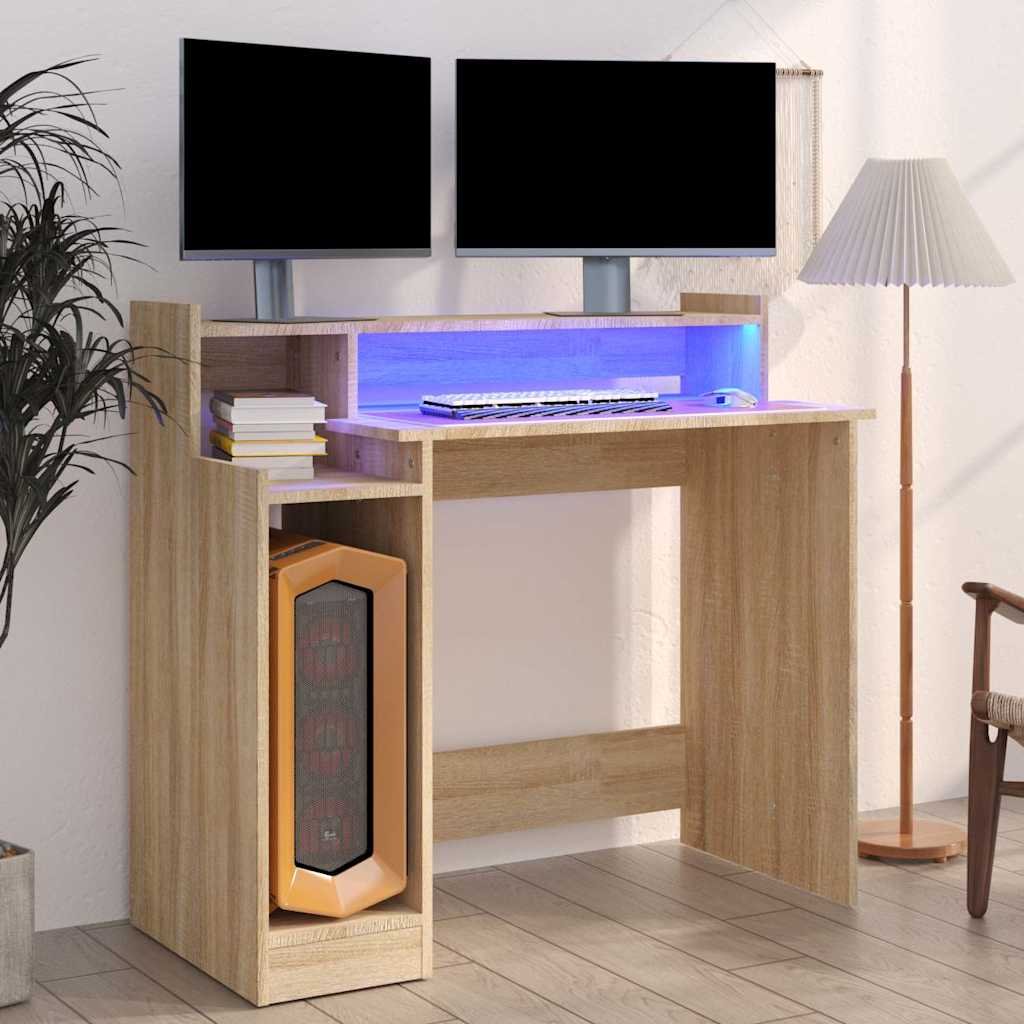 vidaXL Työpöytä LED-valoilla Sonoma-tammi 97x45x90 cm tekninen puu