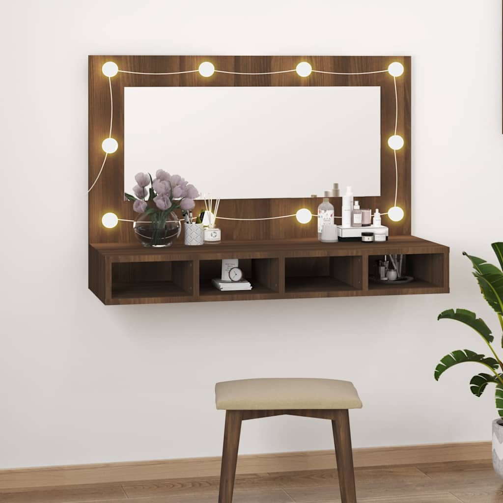 vidaXL Peilikaappi LED-valoilla ruskea tammi 90x31,5x62 cm