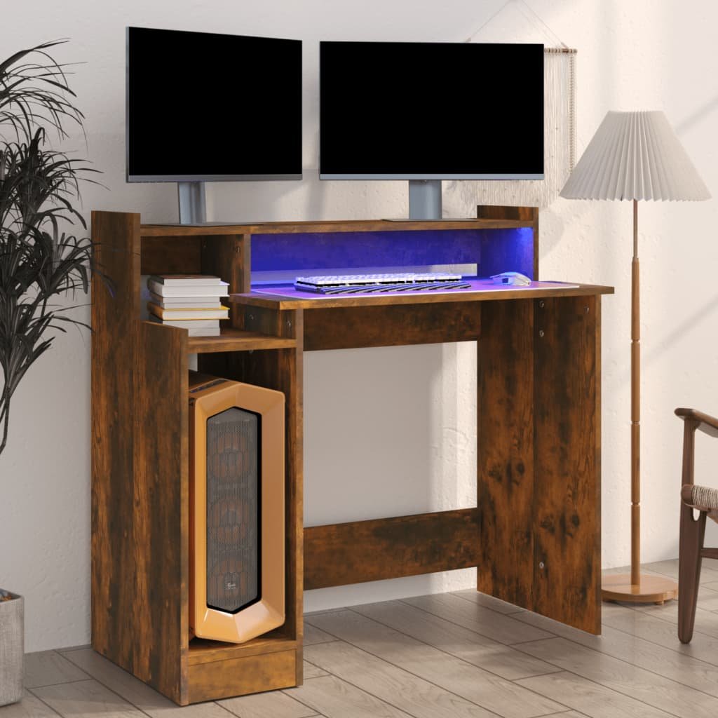vidaXL Työpöytä LED-valoilla savutammi 97x45x90 cm tekninen puu