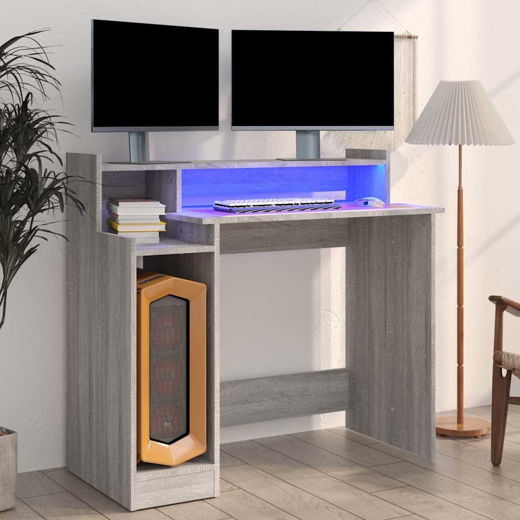 vidaXL Työpöytä LED-valoilla harmaa Sonoma 97x45x90 cm tekninen puu