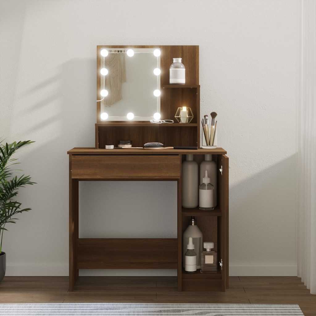 vidaXL Peilipöytä LED-valoilla ruskea tammi 86,5x35x136 cm