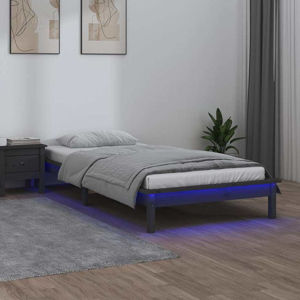 vidaXL Sängynrunko LED-valoilla harmaa 100x200 cm täysi puu