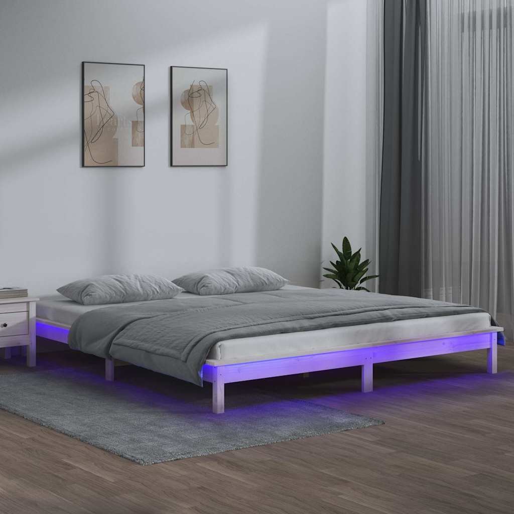 vidaXL Sängynrunko LED-valoilla valkoinen 160x200 cm täysi puu