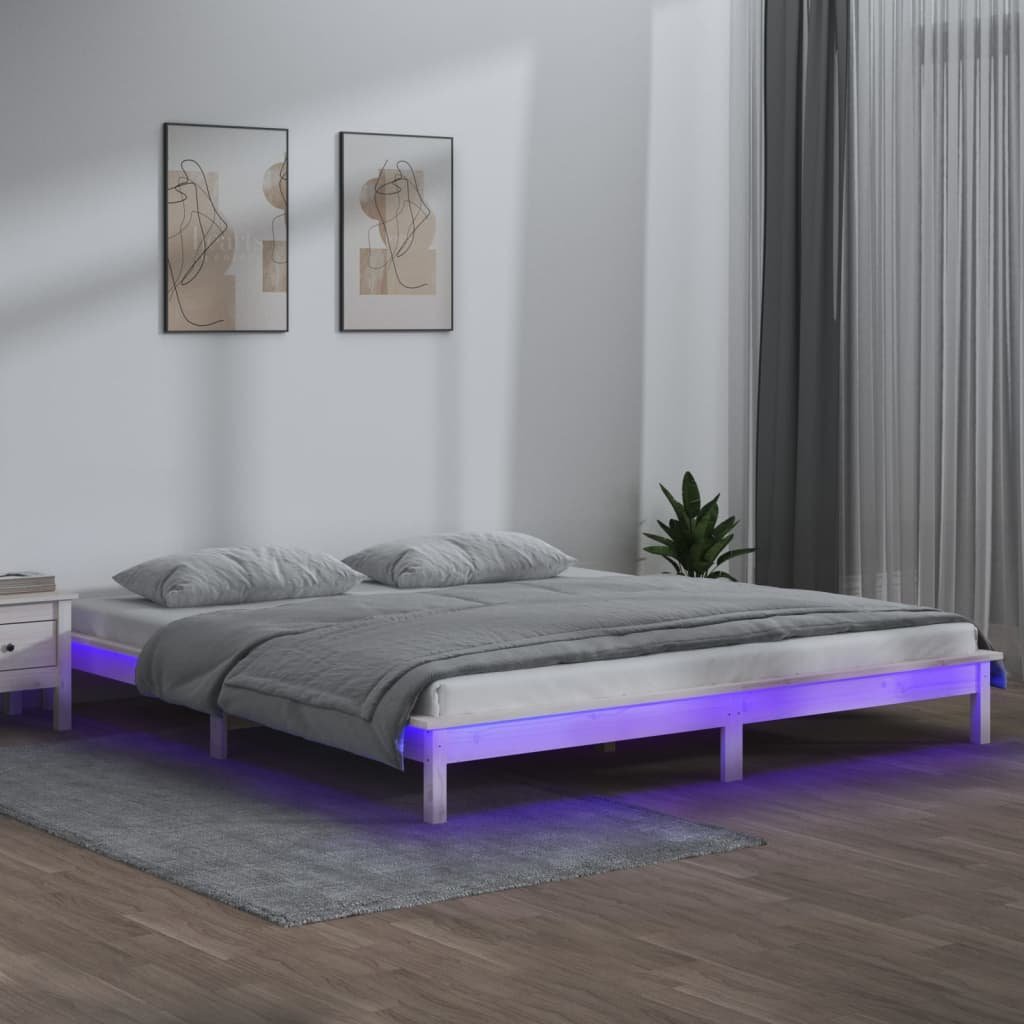 vidaXL Sängynrunko LED-valoilla valkoinen 200x200 cm täysi puu