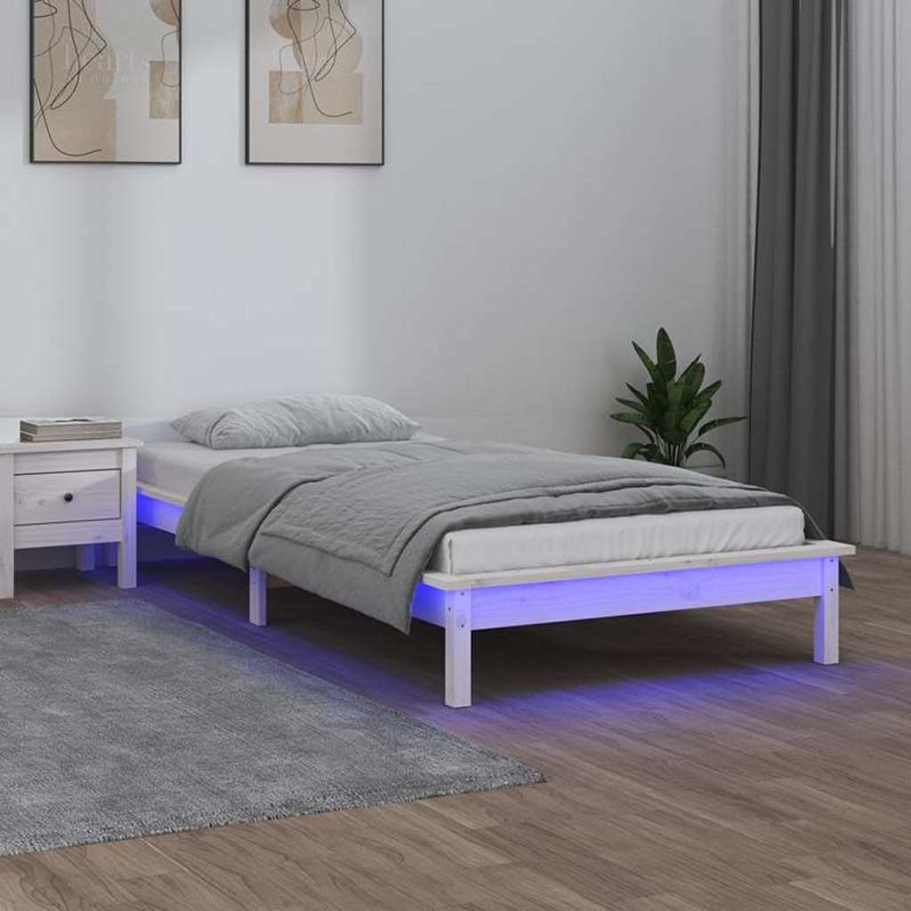 vidaXL Sängynrunko LED-valot valkoinen 90x190 cm Single täysi puu
