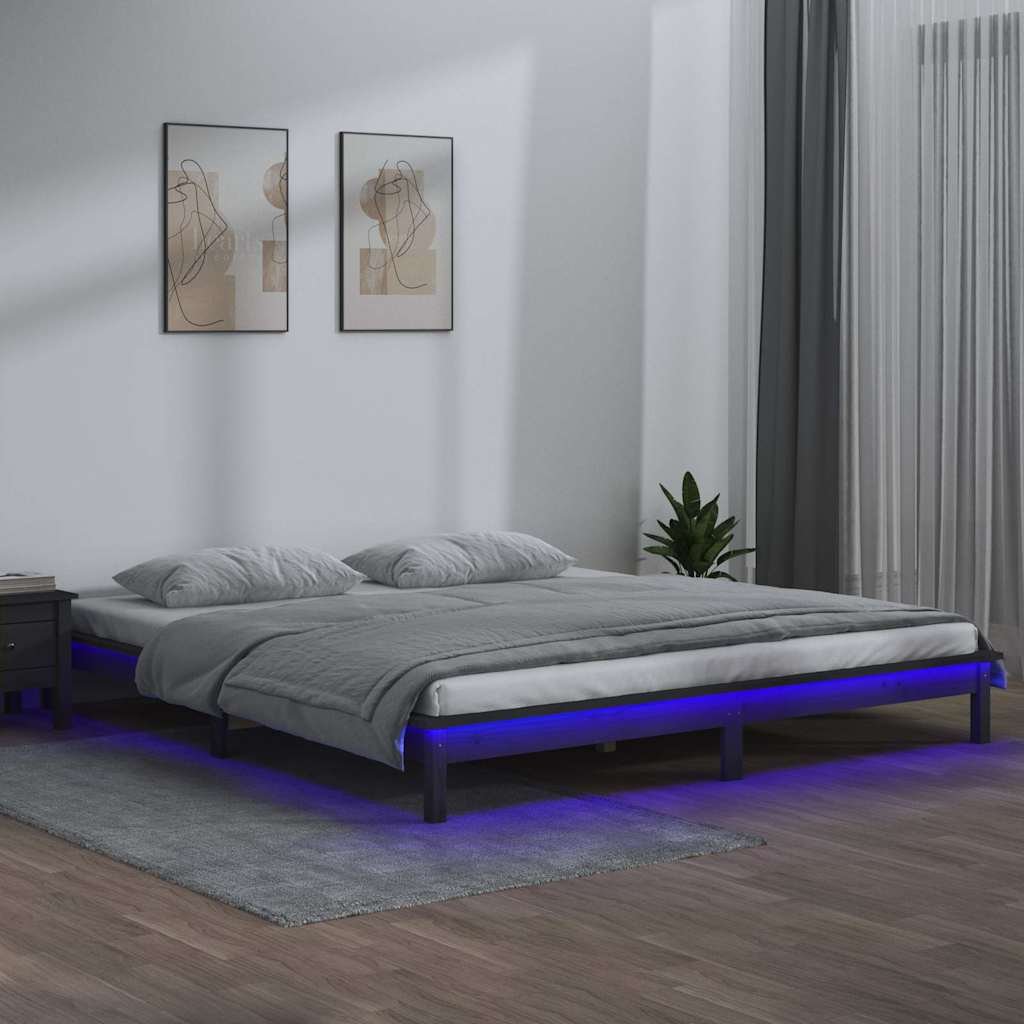 vidaXL Sängynrunko LED-valoilla harmaa 140x190 cm täysi puu