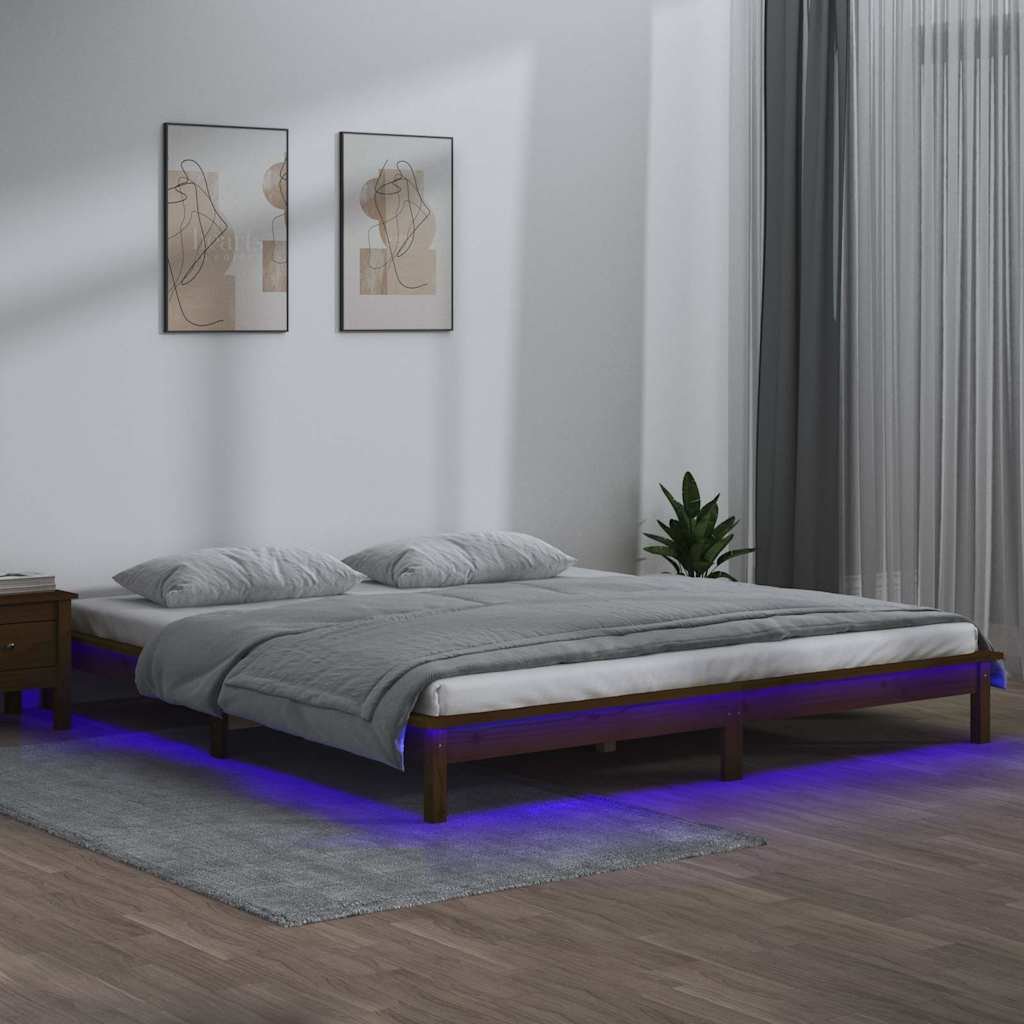 vidaXL Sängynrunko LED-valoilla hunajanruskea 140x190 cm täysi puu