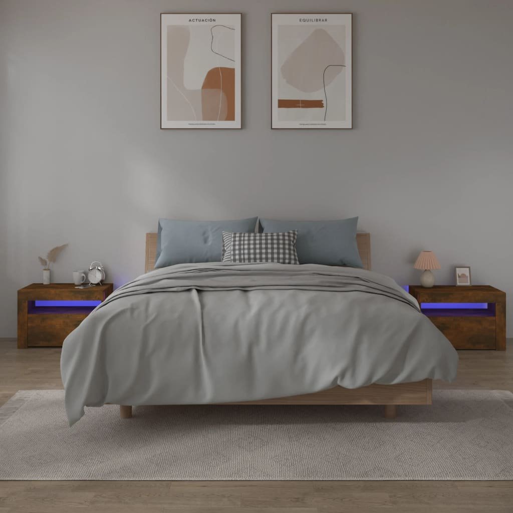 vidaXL Yöpöydät 2 kpl LED-valoilla savutammi 60x35x40 cm