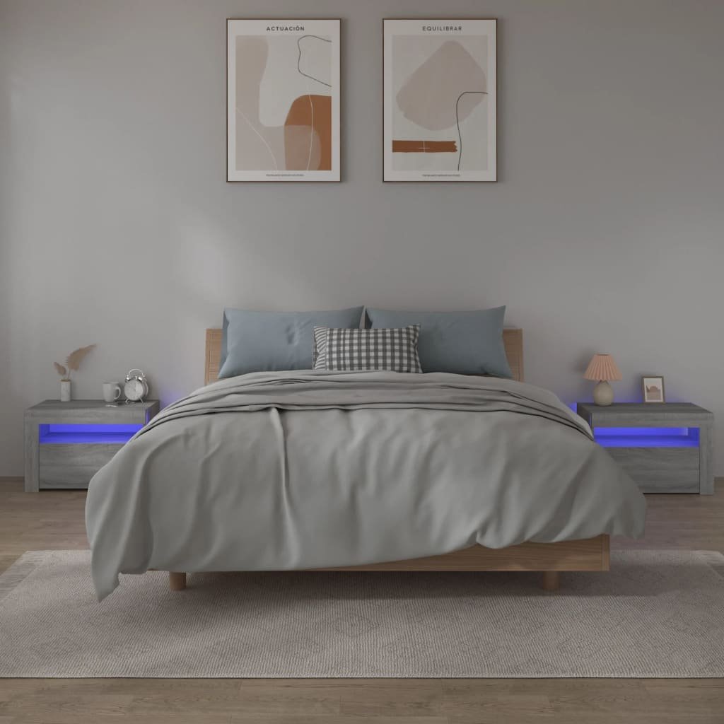 vidaXL Yöpöydät 2 kpl LED-valoilla harmaa Sonoma 60x35x40 cm
