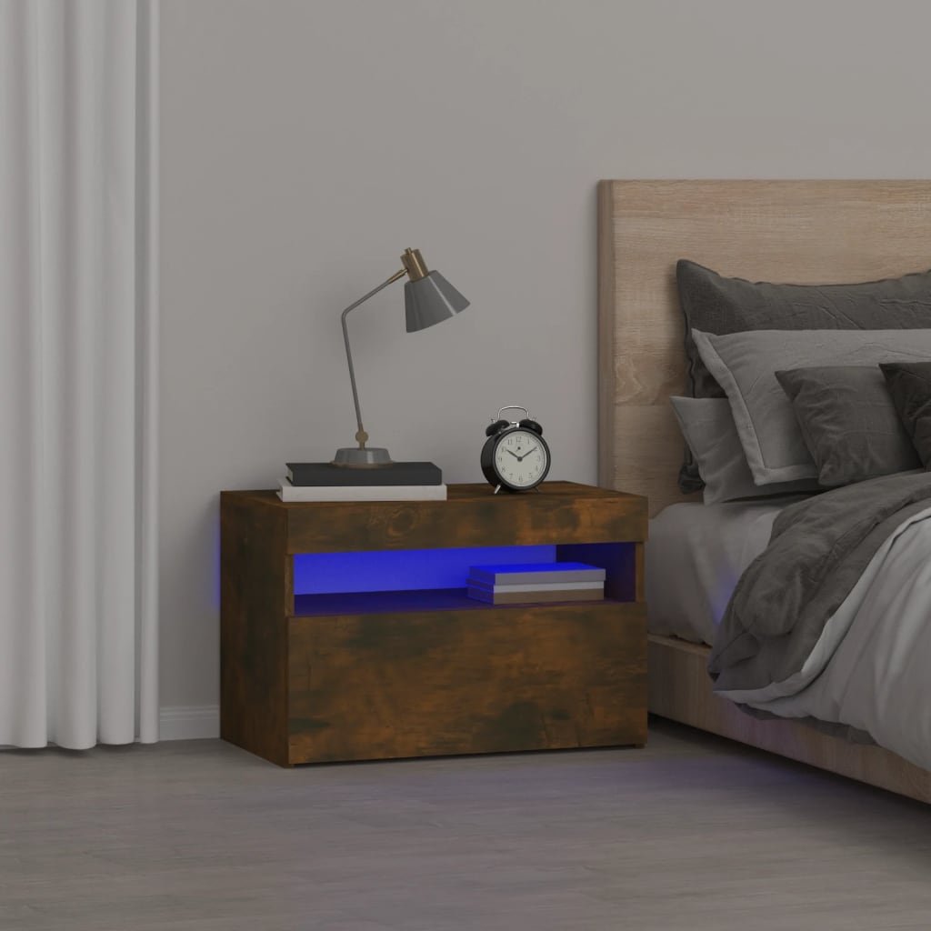 vidaXL Yöpöytä LED-valoilla savutammi 60x35x40 cm