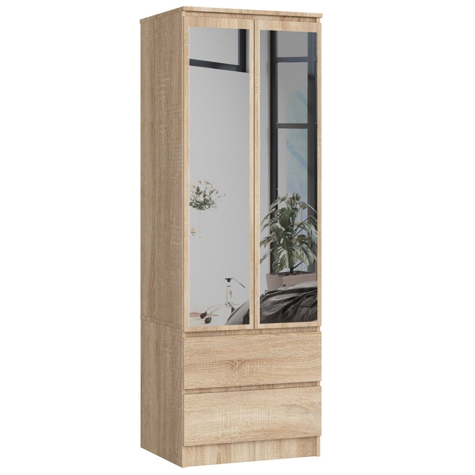 Akord Vaatekaappi Star 2 Ovia 2 Laatikkoa Peilillä Sonoma-tammi 60x51x180