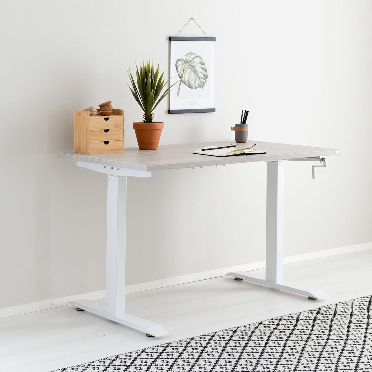 Office veivattava säätöpöytä 115x67 cm hopea jalava valkoinen jalka