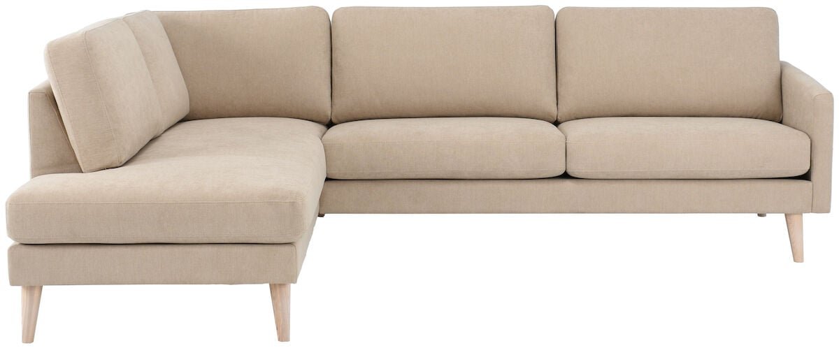 Saarni avokulmasohva vasen beige Thomas 06, jalat RI-18 valkoinen öljytty tammi