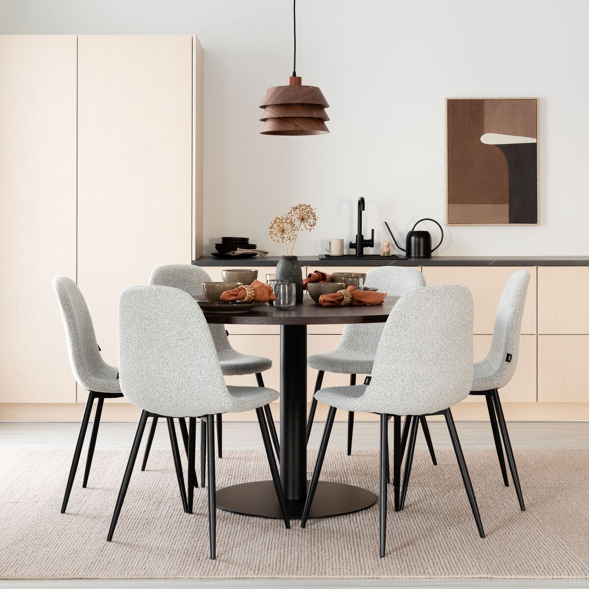 Trend-Furia 6-hengen pyöreä ruokailuryhmä ruskea/musta, vaalea beige buklee