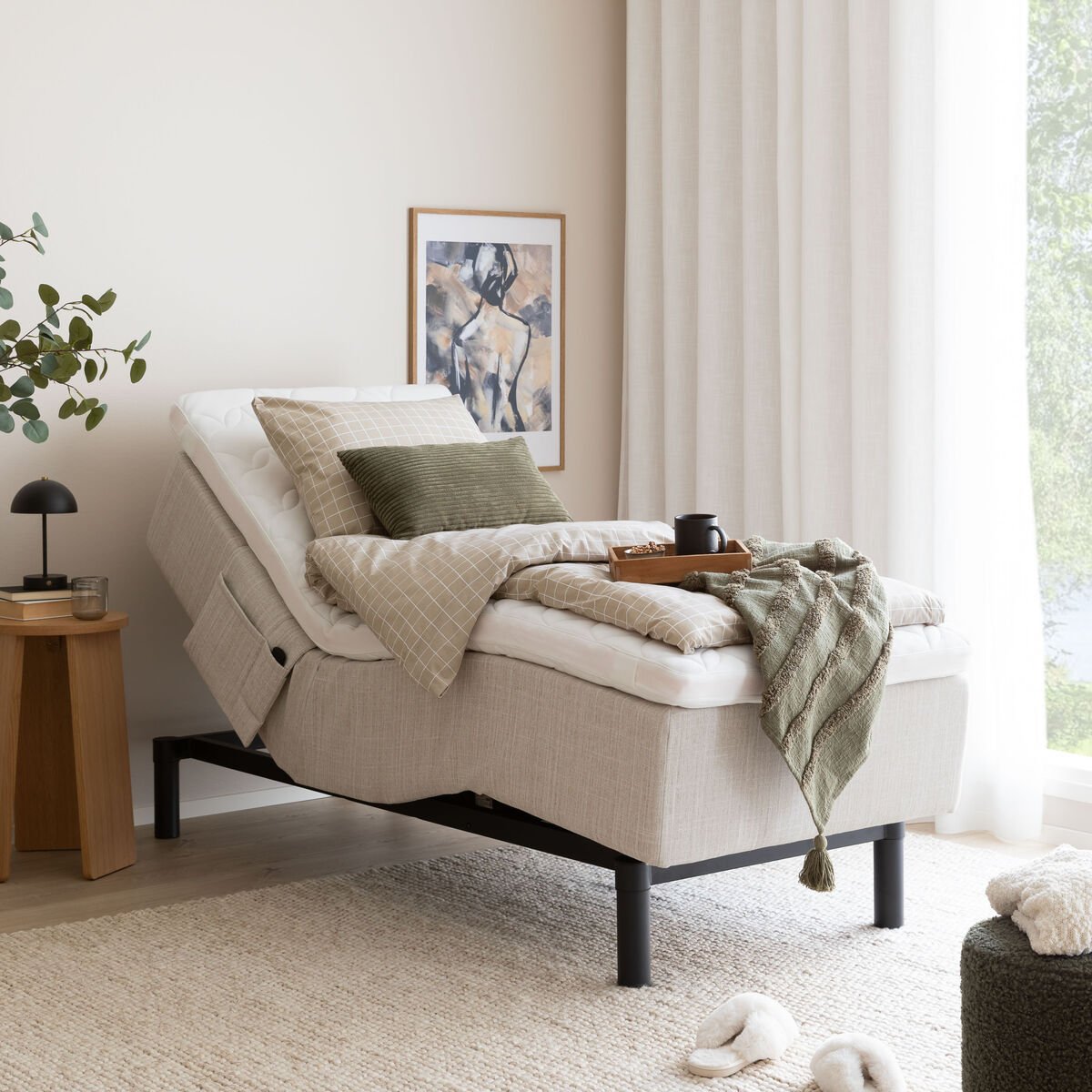 Unia Hopea moottorisänky L 90x200 beige, pronssi 8cm, 18cm musta jalka