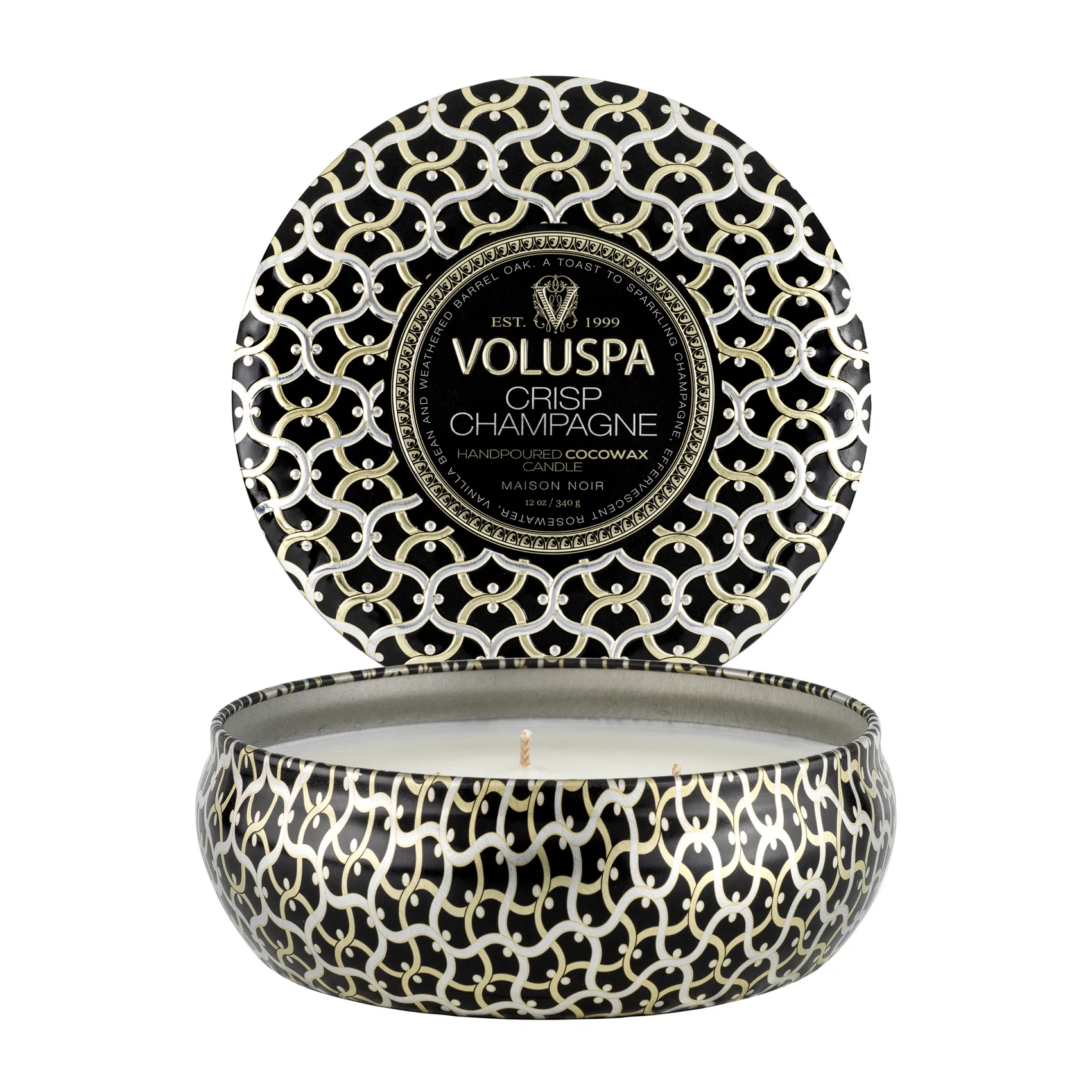 Voluspa Maison Noir 3-wick Tin tuoksukynttilä 40 tuntia Crisp Champagne