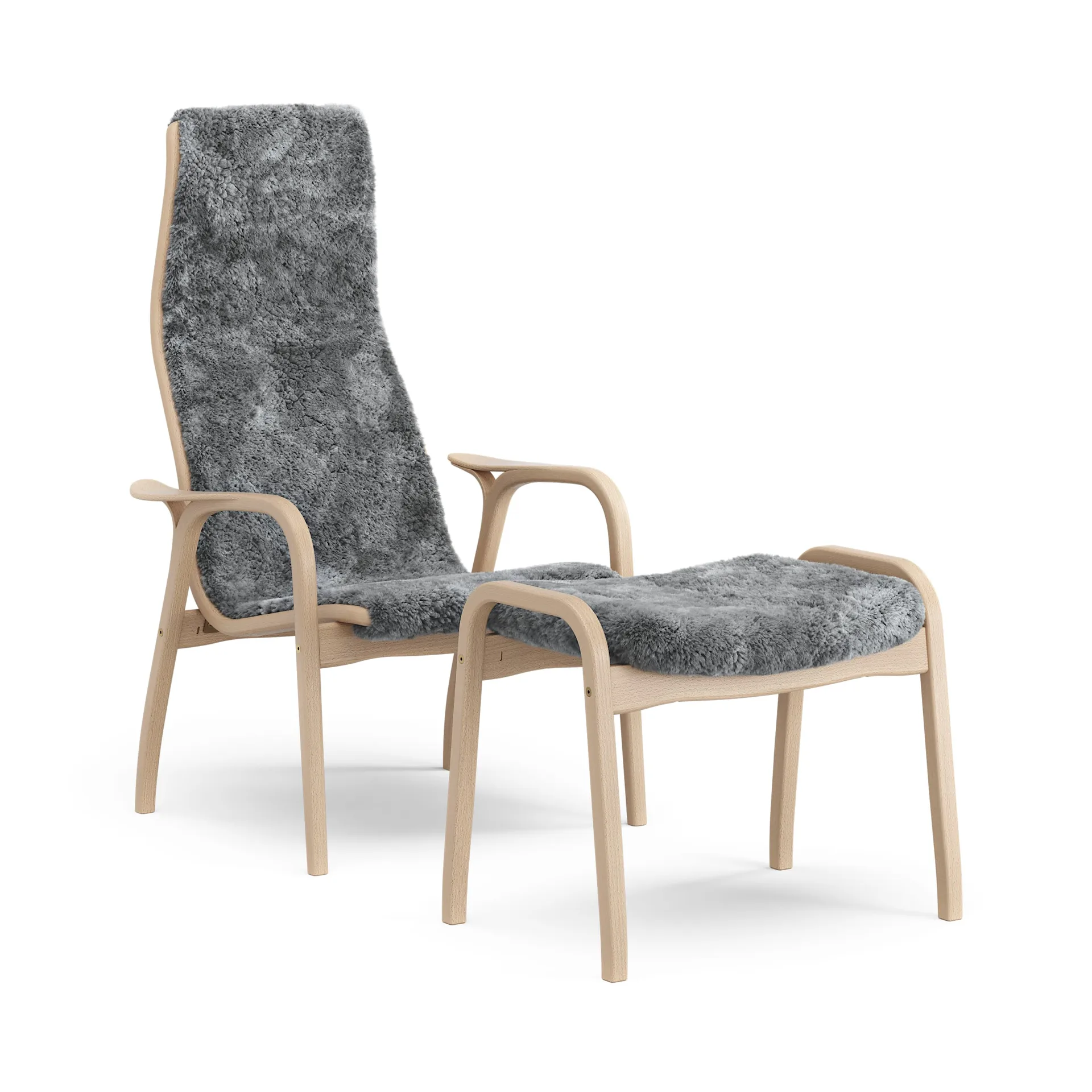 Swedese Lamino nojatuoli ja jalkarahi lakattu pyökki/lampaannahka Scandinavian Grey (harmaa)