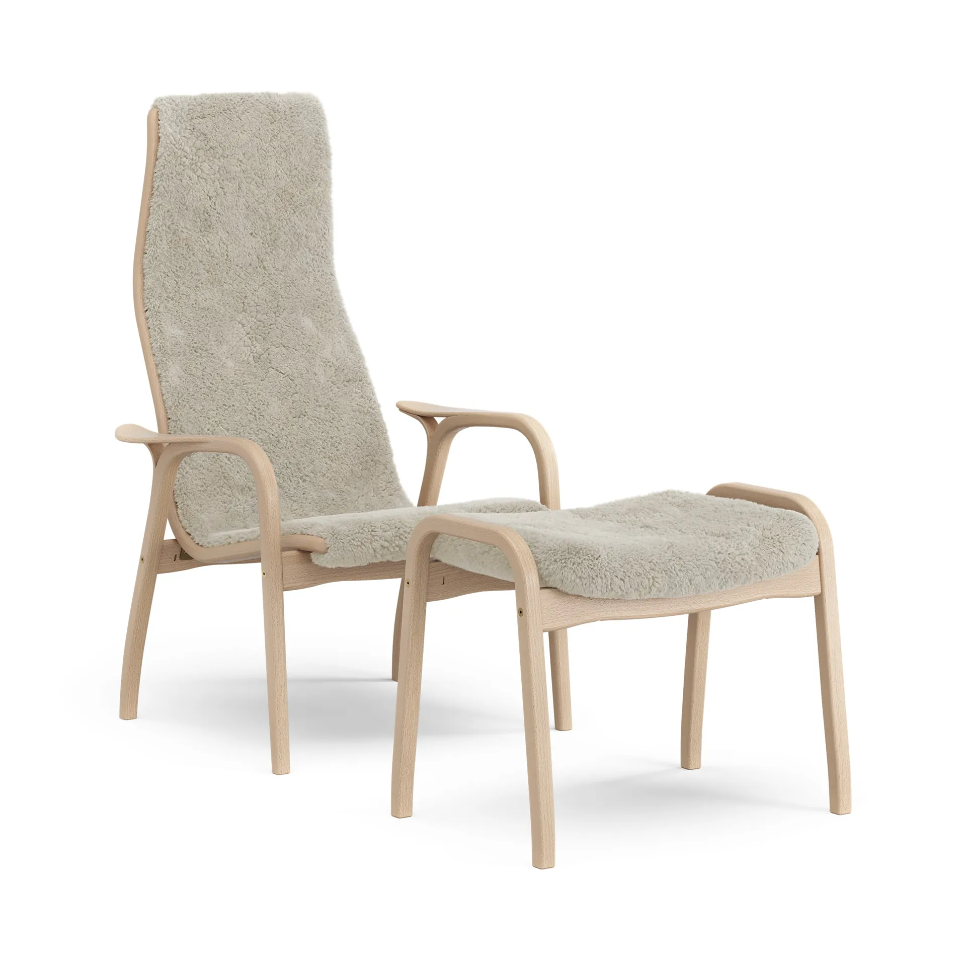 Swedese Lamino nojatuoli ja jalkarahi lakattu pyökki/lampaannahka Moonlight (beige)