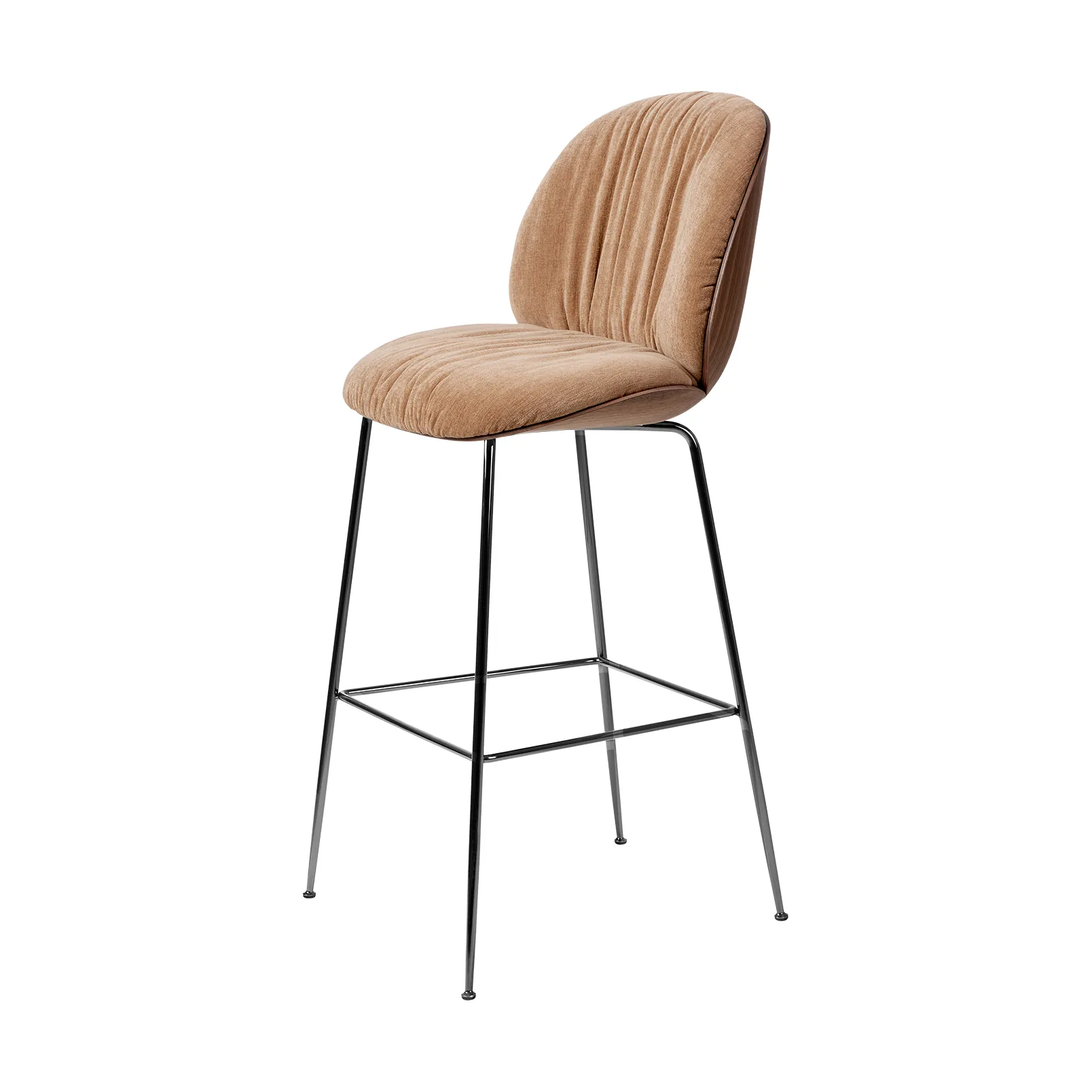 GUBI Beetle Soft baarituoli 75 cm etuosastaan verhoiltu Belsuede Dedar 132-lakattu pähkinä musta krom