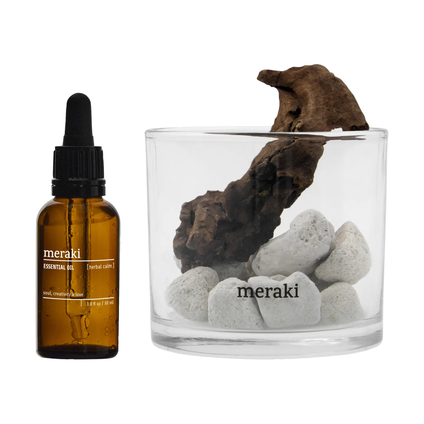Meraki Meraki tuoksunlevitin laavakivi ja puu sis. öljyn Herbal calm, valkoinen