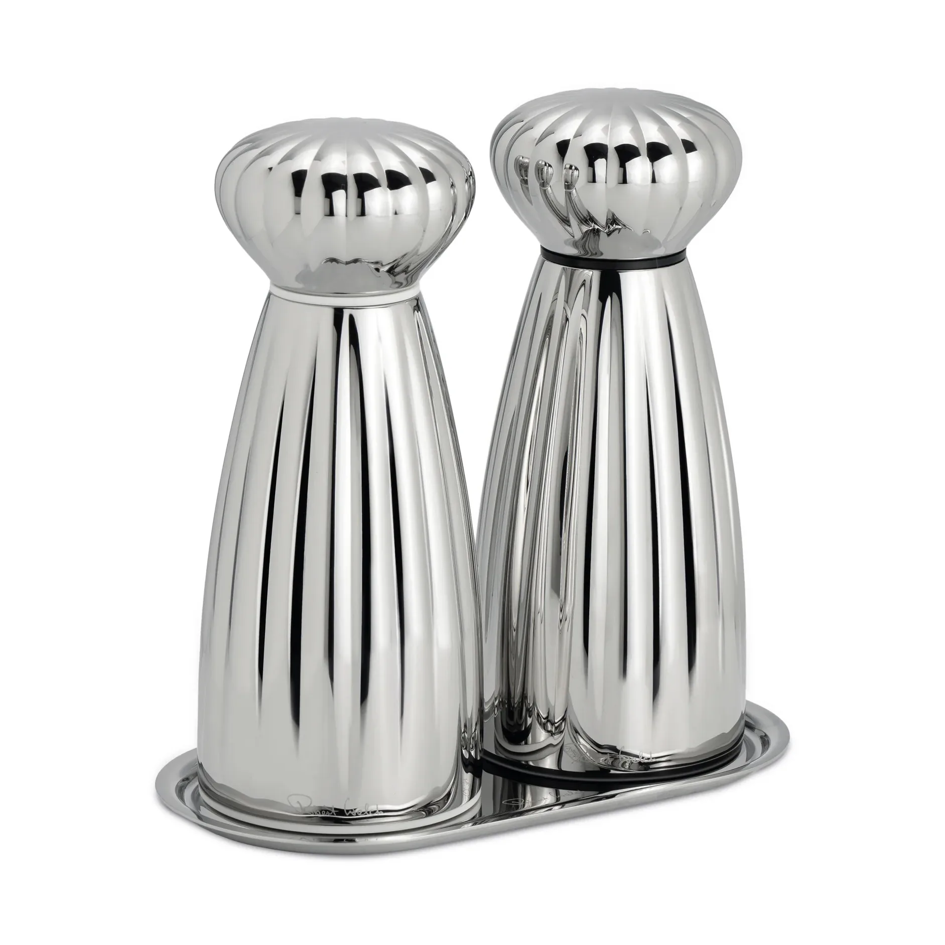 Robert Welch Palm Bright suola- ja pippurimyllysetti Small-ruostumaton teräs, tarjottimella