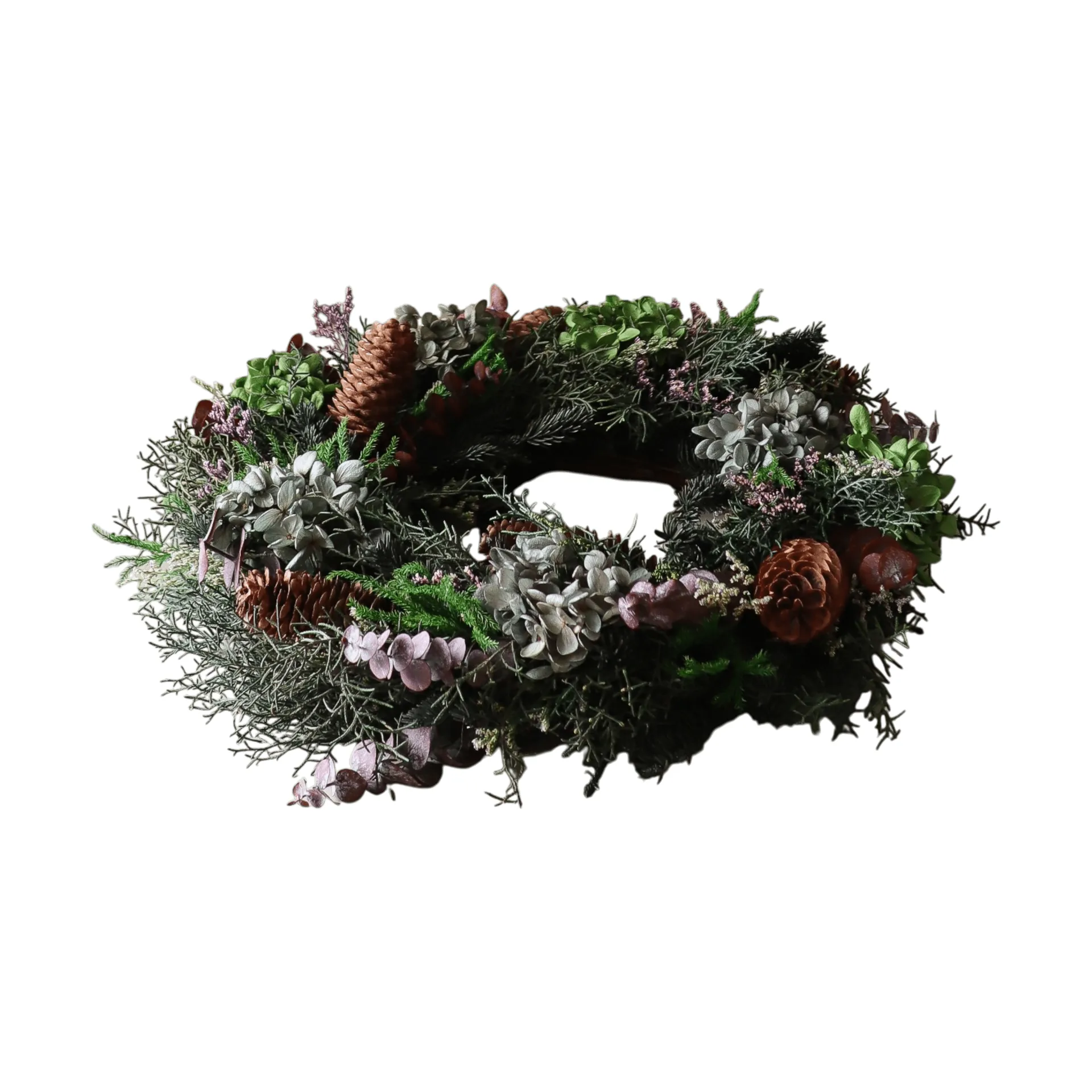 Botané Botanical Forest Wreath kukkaseppele Hortensia-eukalyptus-neulasoksat-kävyt, Ø40 cm