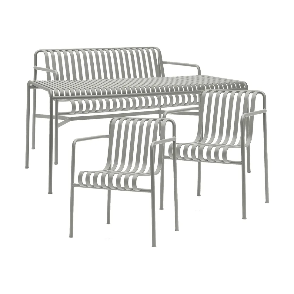 HAY Palissade ruokailuryhmä 2 Dining käsinojatuoli + penkki 170x90 cm sky grey