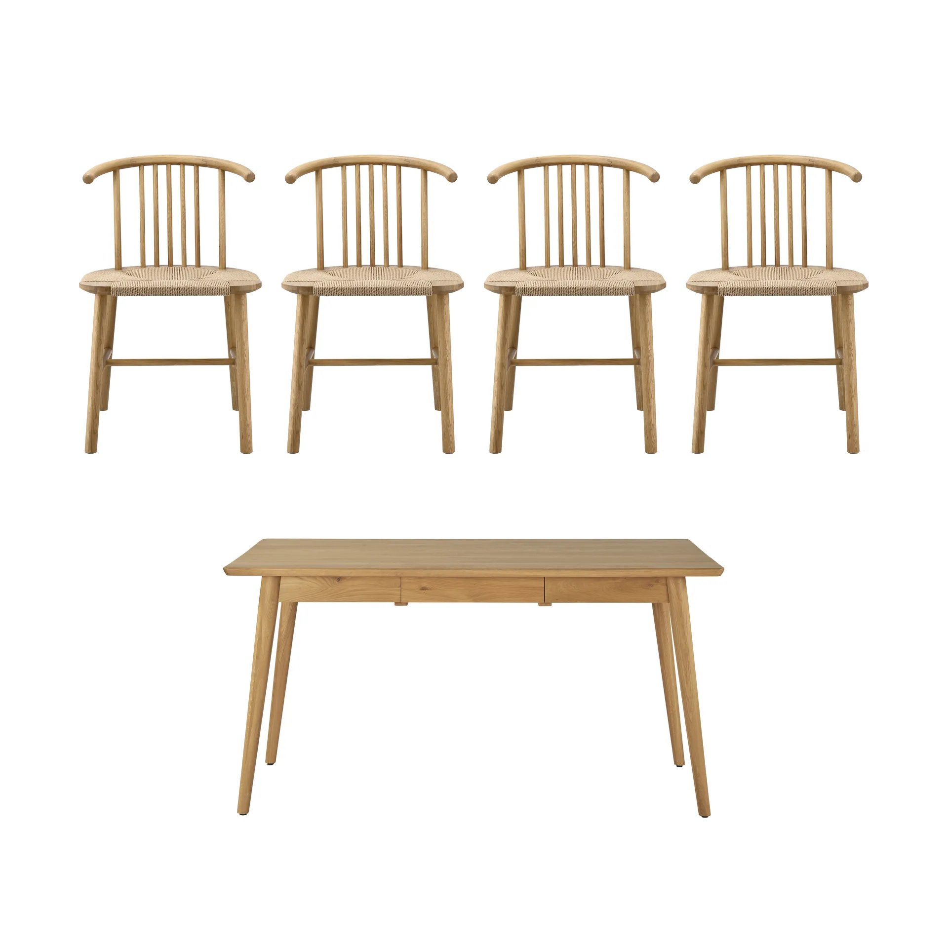 NJRD VIOR ruokapöytä 120 cm + tuoli 4‑pakkaus – Lakattu tammi‑naturel