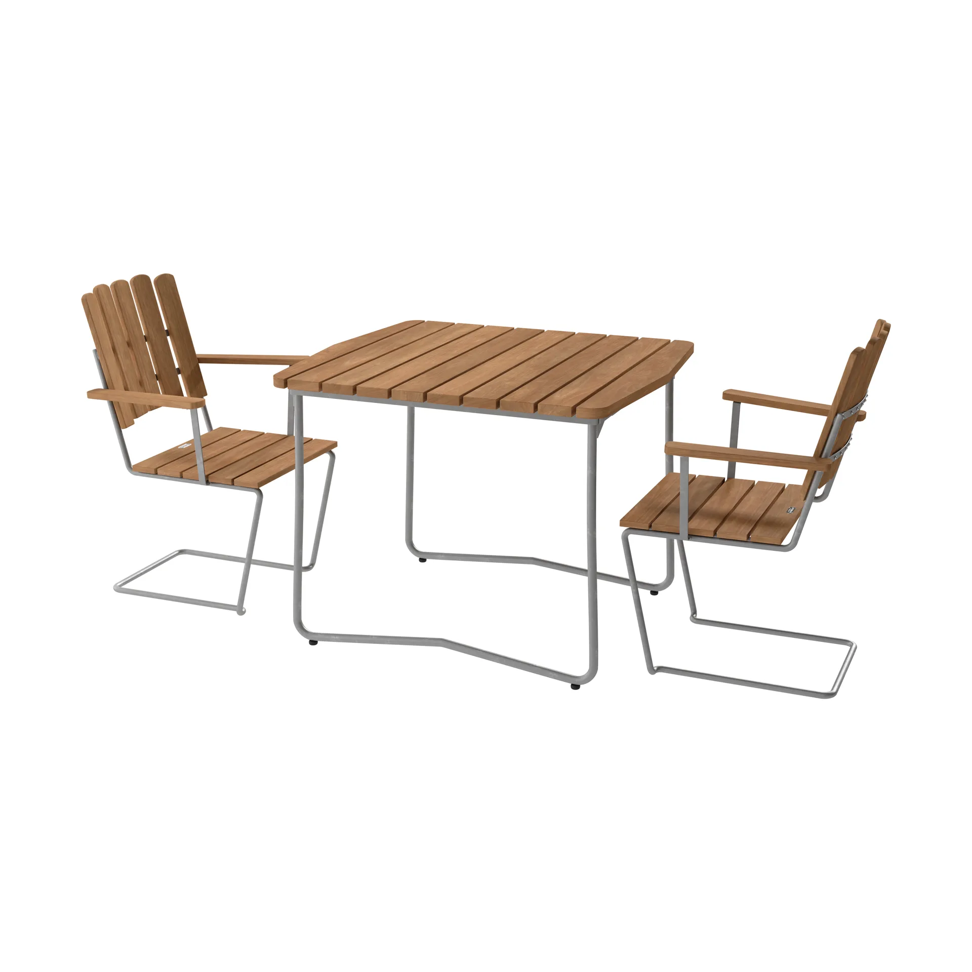 Grythyttan Stålmöbler B31 pöytä 92 cm + 2 A2 nojatuolia, teak-lämmin­galvanoitu runko