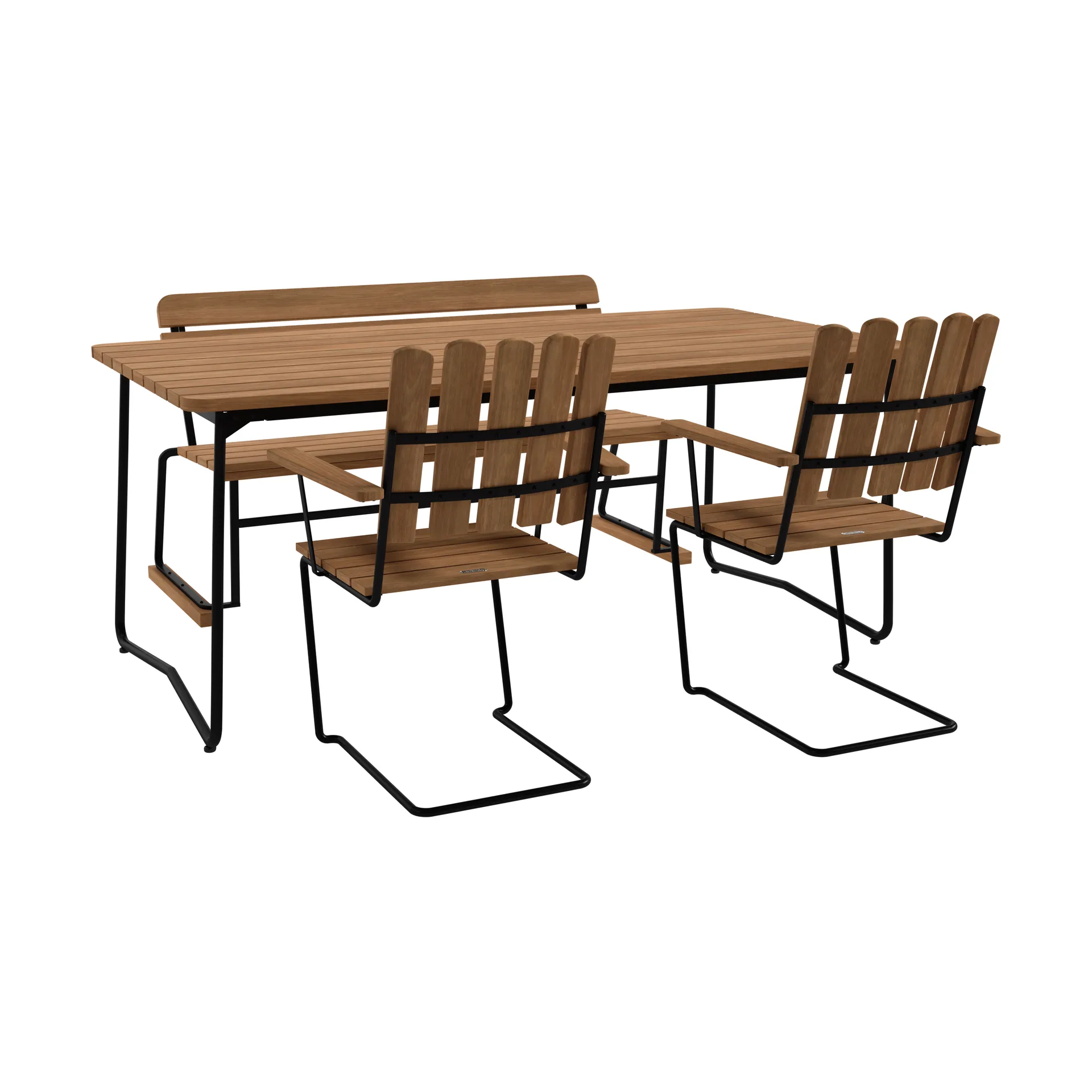 Grythyttan Stålmöbler B31 pöytä 170 cm + 2 A2 nojatuolia + 3-istuttava sohva, teak-musta runko