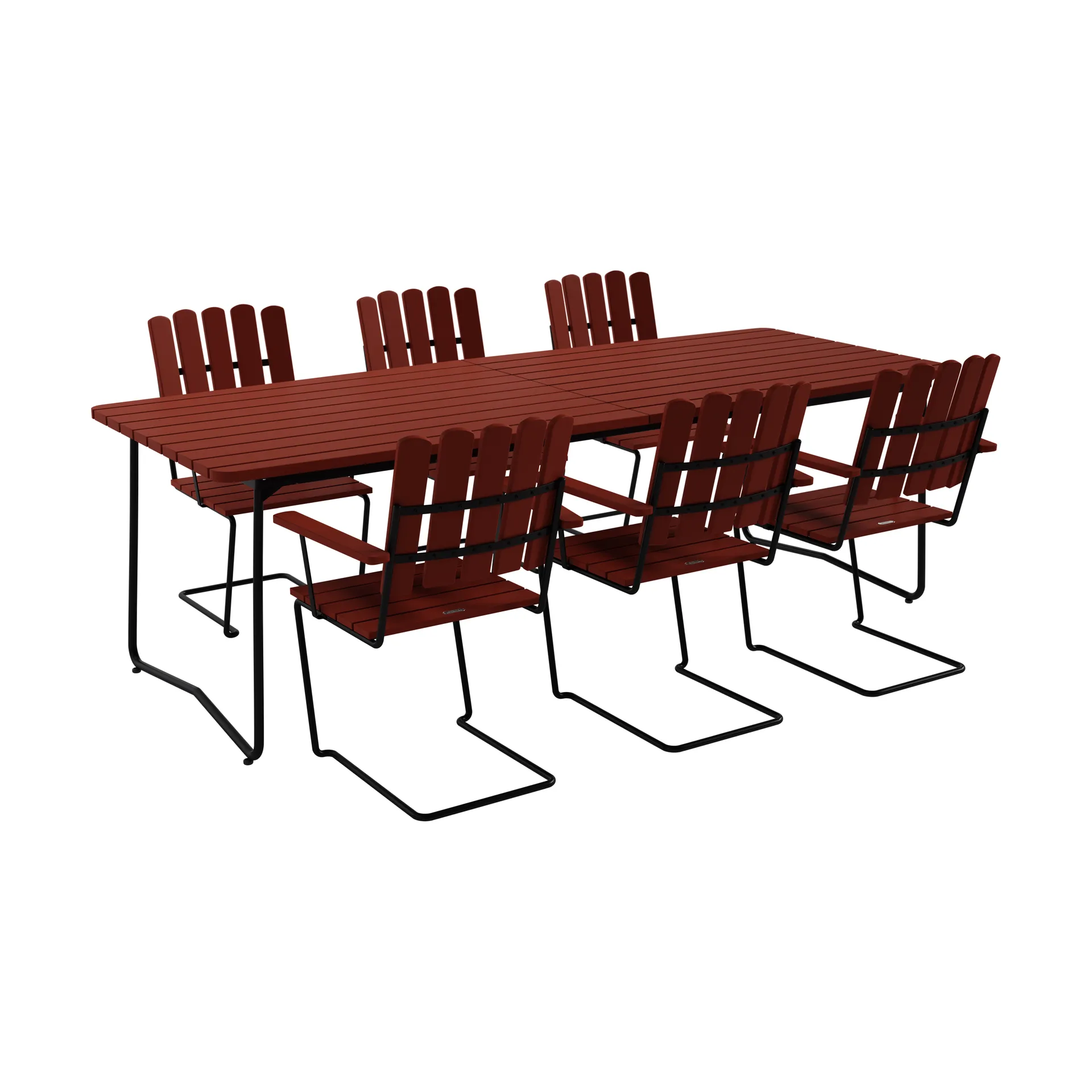 Grythyttan Stålmöbler B31 pöytä 230 cm + 6 A2 nojatuolia, tummanpunainen tammi musta runko