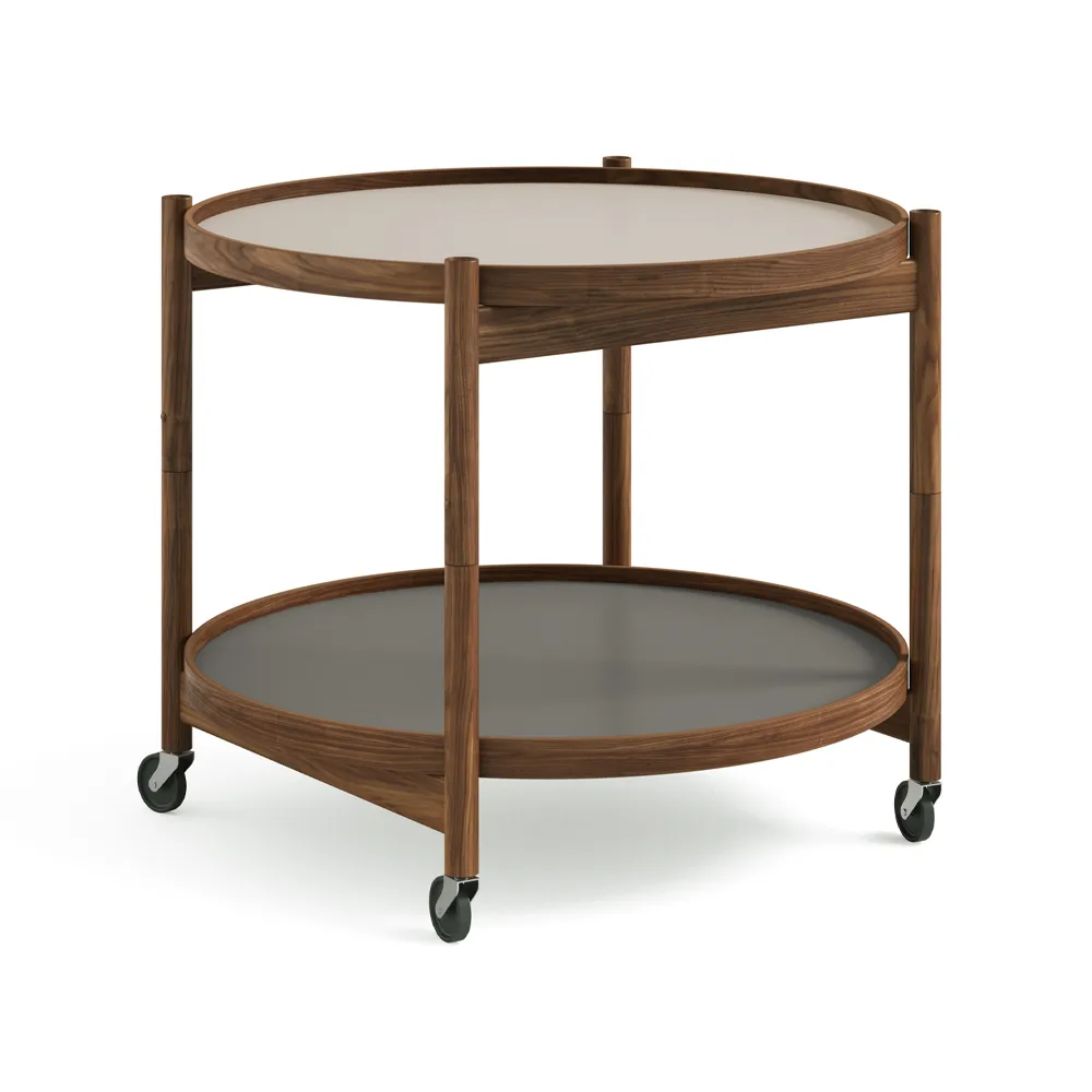 Brdr. Krüger Bølling Tray Table model 60 rullapöytä Stone, öljytty saksanpähkinärunko