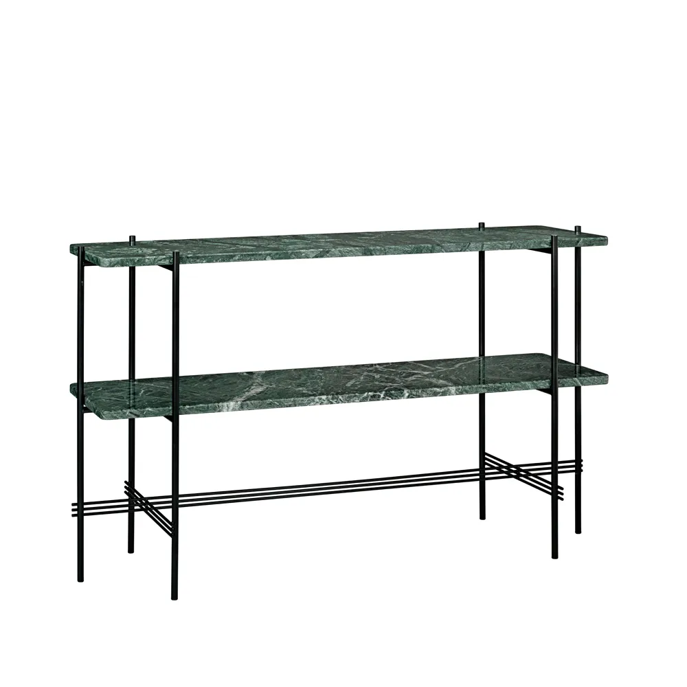 GUBI TS Console pöytä 120x30x72 cm Green guatemala marble, musta runko, 2 marmorihyllyä
