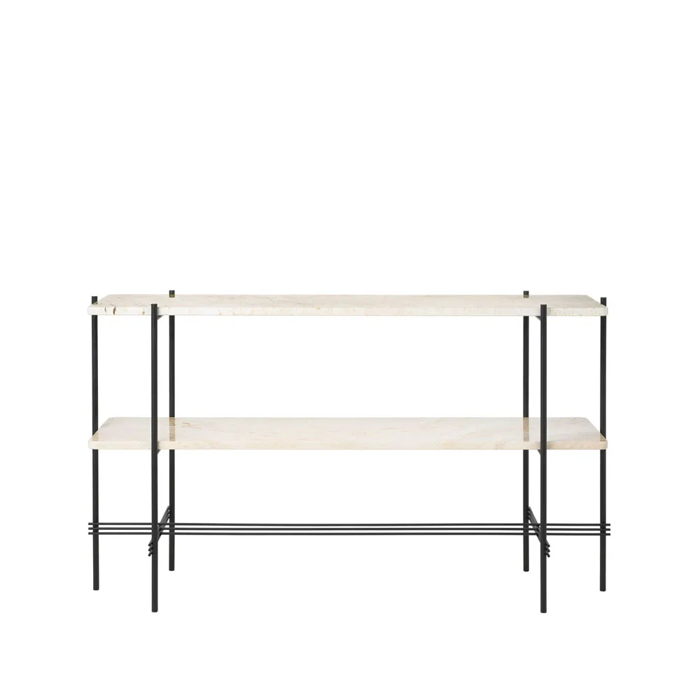 GUBI TS Console pöytä 120x30x72 cm Natural white travertine, musta runko, 2 marmorihyllyä