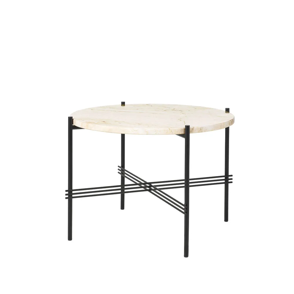 GUBI TS Round -sohvapöytä Natural white travertine, ø 55, musta runko