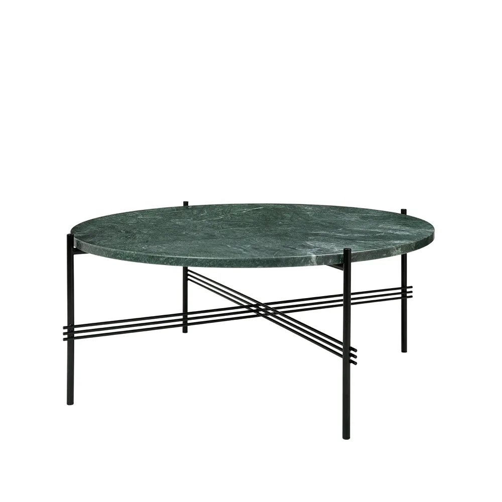 GUBI TS Round -sohvapöytä Green guatemala marble, ø 80, musta runko